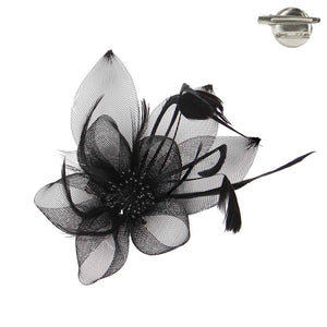 BLACK FEATHERED MESH FLOWER WITH LEAF BROOCH OR HAIR CLIP ( 1292 BK )