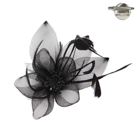 BLACK FEATHERED MESH FLOWER WITH LEAF BROOCH OR HAIR CLIP ( 1292 BK )