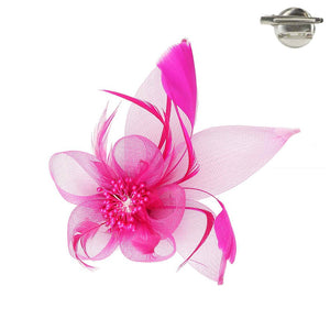 FUCSHSIA PINK FEATHERED MESH FLOWER WITH LEAF BROOCH OR HAIR CLIP ( 1292 FU )