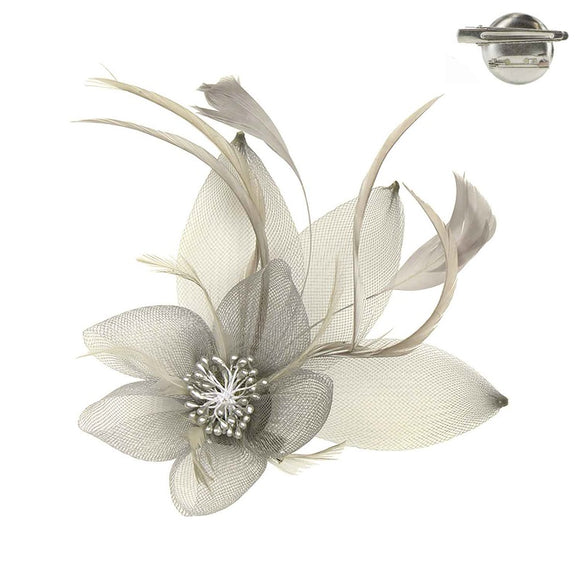 GRAY FEATHERED MESH FLOWER WITH LEAF BROOCH OR HAIR CLIP ( 1292 GY )