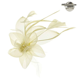 IVORY FEATHERED MESH FLOWER WITH LEAF BROOCH OR HAIR CLIP ( 1292 IV )