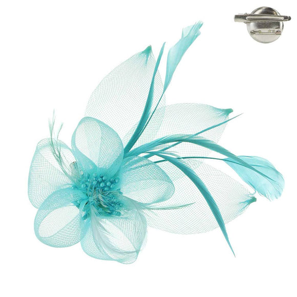 LIGHT BLUE FEATHERED MESH FLOWER WITH LEAF BROOCH OR HAIR CLIP ( 1292 LBL )
