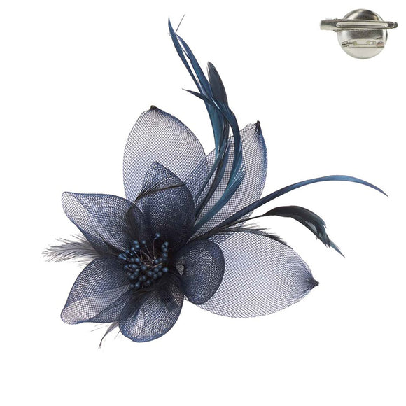 NAVY BLUE FEATHERED MESH FLOWER WITH LEAF BROOCH OR HAIR CLIP ( 1292 NV )