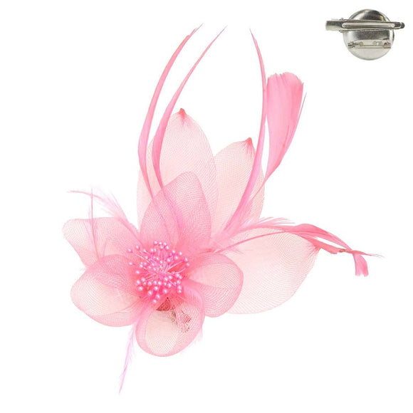 PINK FEATHERED MESH FLOWER WITH LEAF BROOCH OR HAIR CLIP ( 1292 PK )