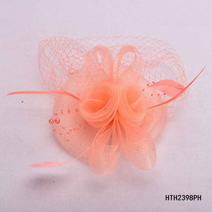 PEACH FASCINATOR WITH FEATHER MESH ( 2398 )