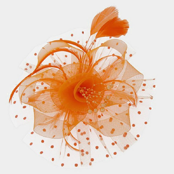 Orange Net Feather and Pearl Fascinator ( 2180 )
