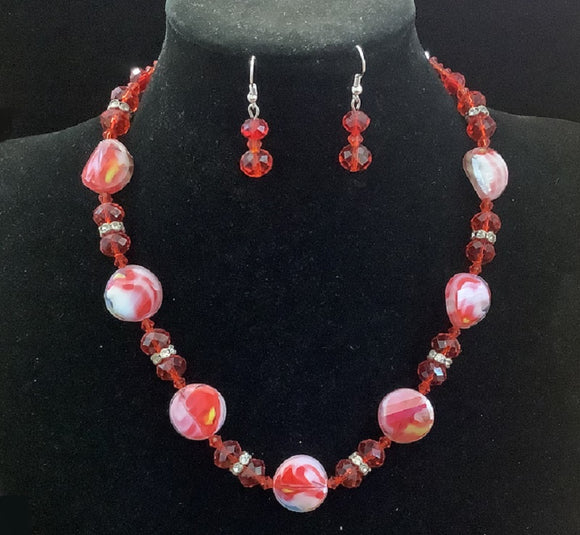 RED GLASS BEADED NECKLACE SET ( 13980 RED )