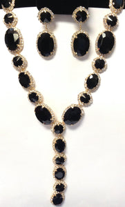 LONG GOLD NECKLACE SET BLACK OVAL STONES ( 2048 ) - Ohmyjewelry.com