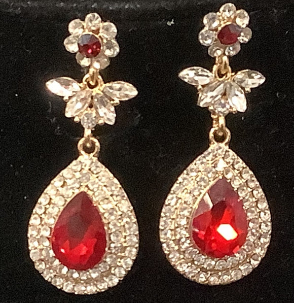 GOLD EARRINGS CLEAR RED STONES ( 1132 9RD )