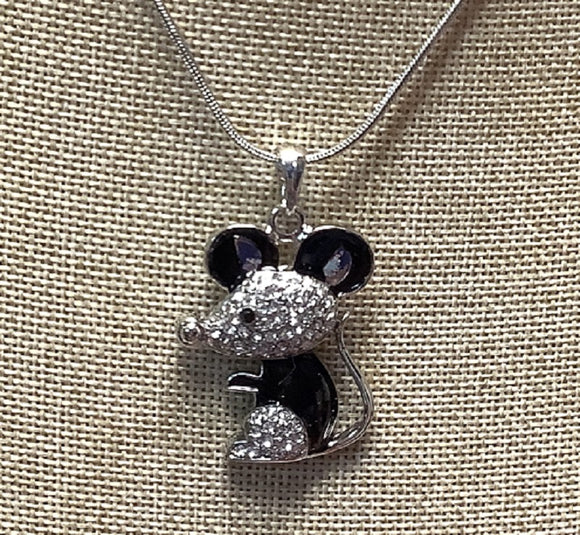 BLACK ENAMEL AND CLEAR RHINESTONE MOUSE CHARM NECKLACE ( 111 )