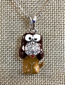 RHODIUM PLATED BROWN ENAMEL AND CLEAR RHINESTONE DOG CHARM NECKLACE ( 9527 )