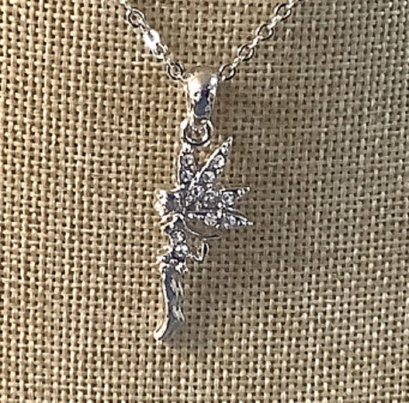 RHODIUM PLATED CLEAR RHINESTONE FAIRY TINKERBELL CHARM NECKLACE ( 6226 )