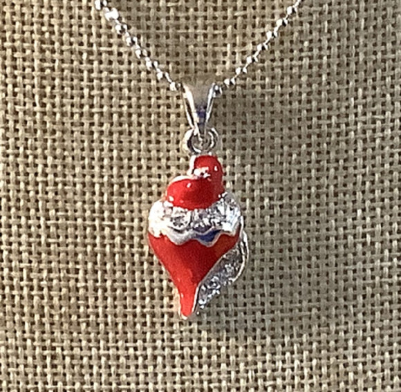 RHODIUM PLATED RED ENAMEL CONCH SHELL CHARM NECKLACE ( 12893 )