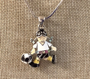 RHODIUM PLATED ENAMEL MULTI COLOR RHINESTONE SOCCER GIRL CHARM NECKLACE ( 8297 )