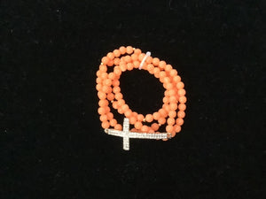4 Layer Gold CORAL Beaded Stretch Bracelet with Pave Cross ( 1124 GDCRL )