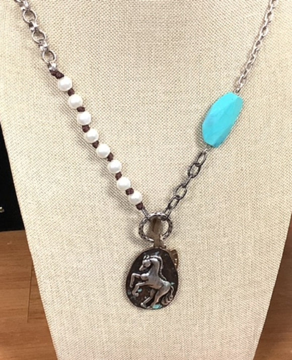 BROWN SILVER TURQUOISE NECKLACE SET ( 2155 BSP )