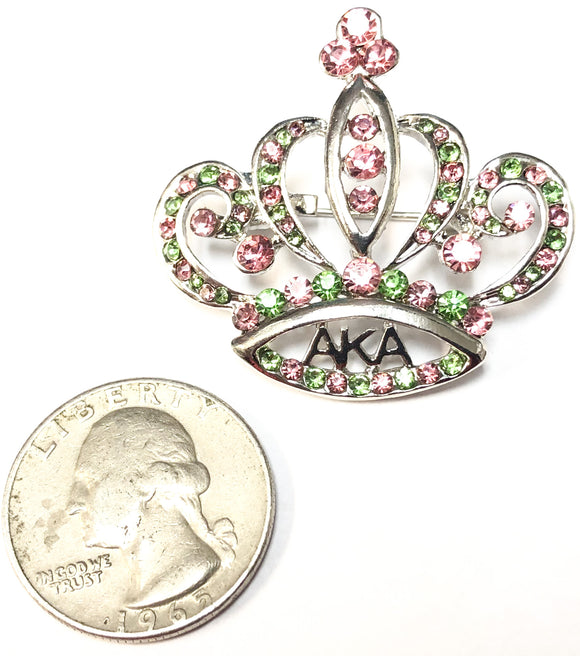 Pink and Green Rhinestone Crown Brooch AKA Sorority ( 06716 )