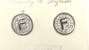 SILVER PAVE INITIAL F CLEAR STONES 10mm EARRINGS STAINLESS STEEL ( 2031 FS ) - Ohmyjewelry.com