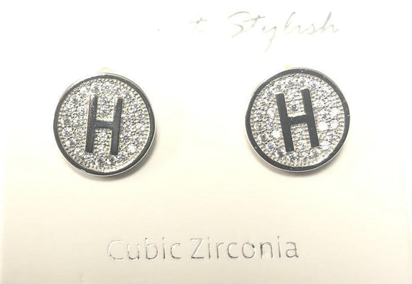 SILVER PAVE INITIAL H CLEAR STONES 10mm EARRINGS STAINLESS STEEL ( 2031 HS ) - Ohmyjewelry.com