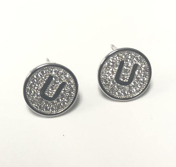 SILVER PAVE INITIAL U CLEAR STONES 10mm EARRINGS STAINLESS STEEL ( 2031 US ) - Ohmyjewelry.com