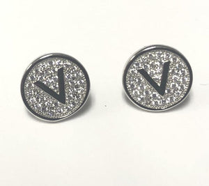 SILVER PAVE INITIAL V CLEAR STONES 10mm EARRINGS STAINLESS STEEL ( 2031 VS ) - Ohmyjewelry.com