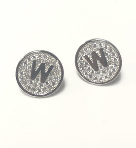 SILVER PAVE INITIAL W CLEAR STONES 10mm EARRINGS STAINLESS STEEL ( 2031 WS ) - Ohmyjewelry.com
