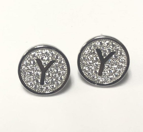 SILVER PAVE INITIAL Y CLEAR STONES 10mm EARRINGS STAINLESS STEEL ( 2031 YS ) - Ohmyjewelry.com