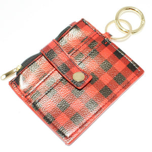 RED BLACK FAUX LEATHER BUFFALO PLAID WALLET KEYCHAIN ( 9093 )