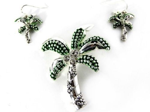 Green and Silver Rhinestone Magnetic Palm Tree Pendant with Earrings
