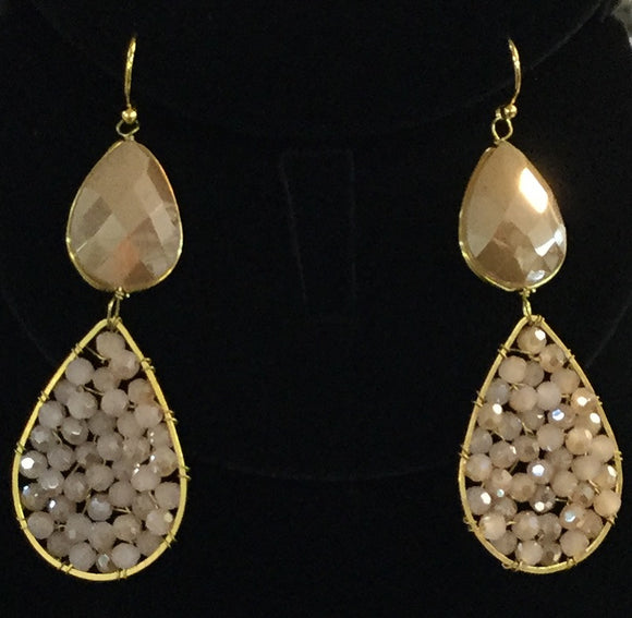 Gold Dangling Earrings with Pink and Tan Stones ( 3244 )