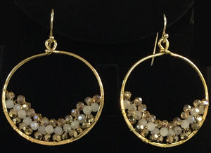 Gold Dangling Earrings with Ivory, AB, and Gold Stones ( 0694 )
