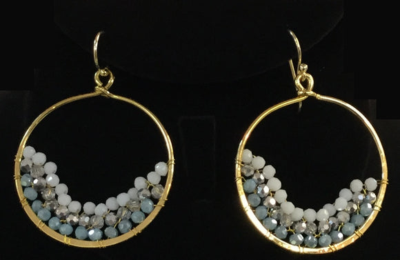 Gold Dangling Earrings with White, Silver, and Blue Stones ( 0694 )