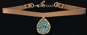 LEATHER CHOKER WITH DROP CHARM WITH TURQUOISE ( 0652 )