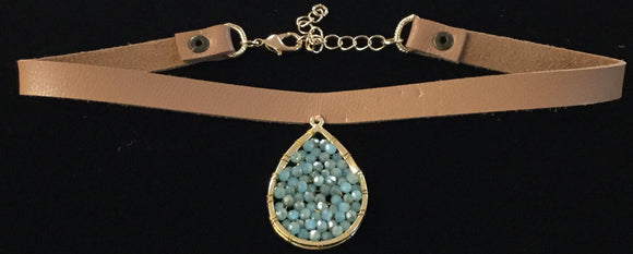 LEATHER CHOKER WITH DROP CHARM WITH TURQUOISE ( 0652 )