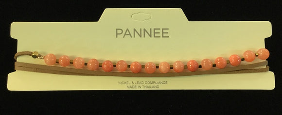 Brown Leather Choker Necklace with Coral Colored Pearls ( 0700 )