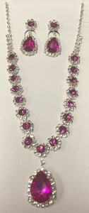 SILVER NECKLACE SET CLEAR FUCHSIA STONES ( 10789 SFU )