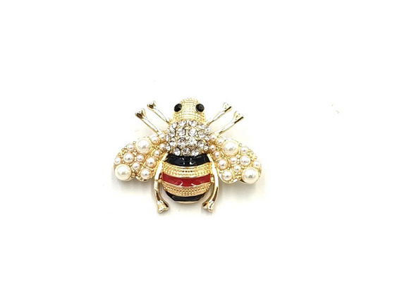 GOLD BEE BROOCH BLACK RED CREAM PEARLS CLEAR STONES ( 131 GDBKRD )