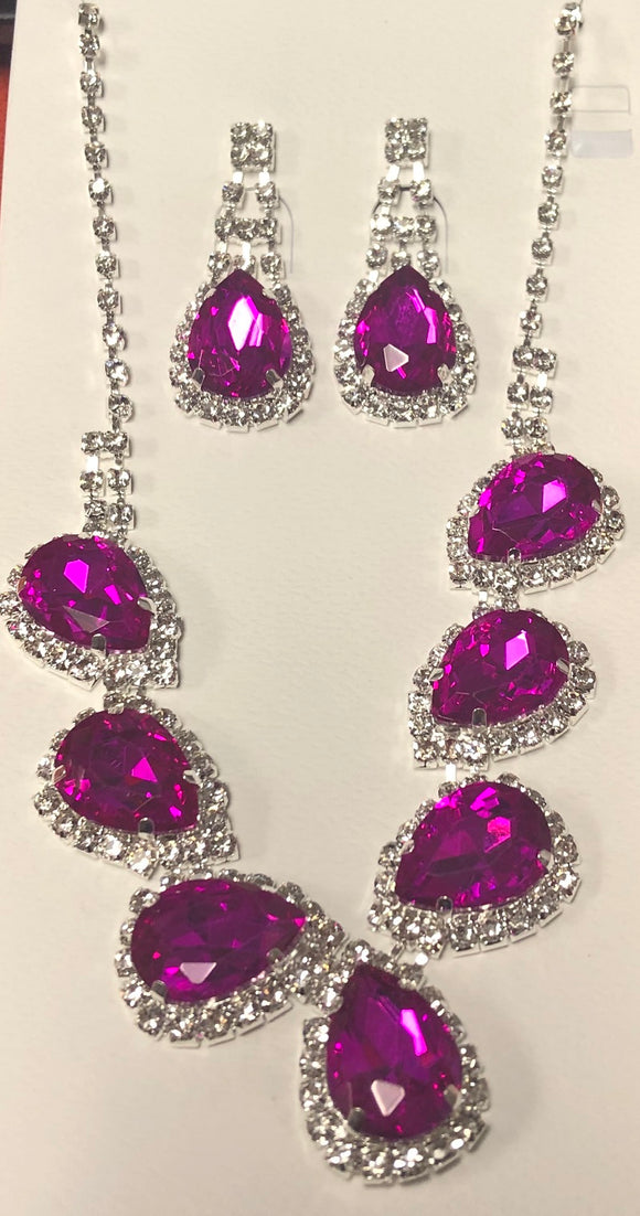 SILVER NECKLACE SET CLEAR FUCHSIA STONES