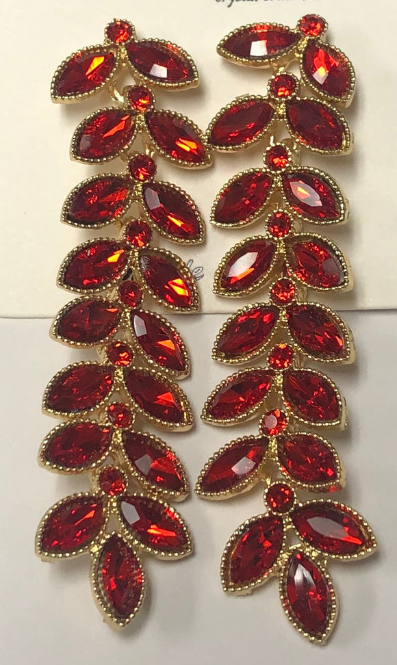 GOLD RED CRYSTAL LEAF VINE DROP EVENING EARRINGS