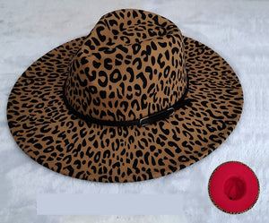 ANIMAL PRINT FELT BROWN HAT WIDE BRIM RED BOTTOM LEATHER TRIM