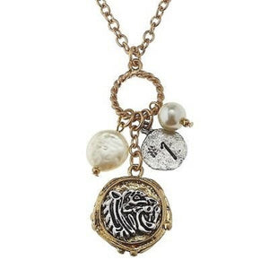 GOLD NECKLACE WITH PEARL TIGER HEAD CHARMS ( 8700 )
