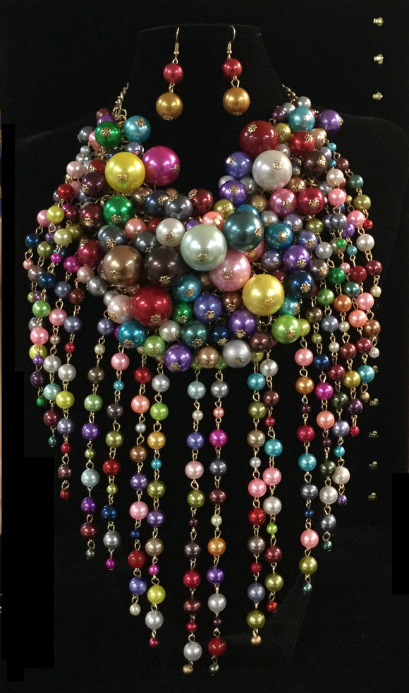 Gold Multicolor Fun Bubble Waterfall Pearl Statement Necklace ( 0075 MT1 )