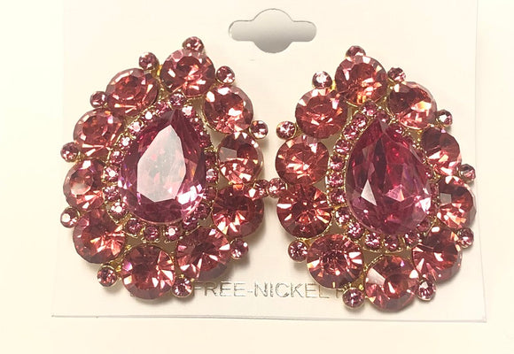 GOLD PINK Stones Teardrop Clip On Earrings ( 4501 GFU )