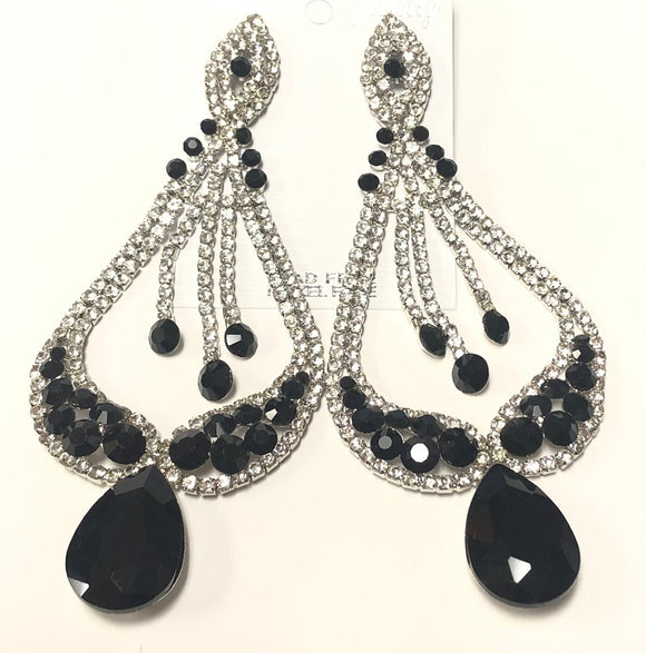 SILVER CLEAR BLACK Teardrop Rhinestone Chandelier Earrings ( 7190 BKCL )