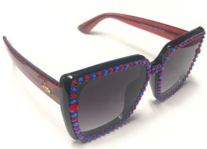 BLACK SUNGLASSES RED BLUE SWAROVSKI STONES ( 1279 BLRD )