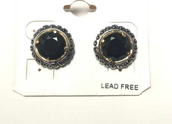 SILVER GOLD EARRINGS BLACK STONES ( E1376 BK )