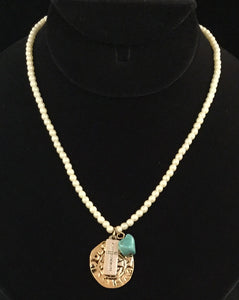 WHITE PEARL NECKLACE WITH DANGLING TURQUOISE AND CROSS CHARMS ( 20404 )