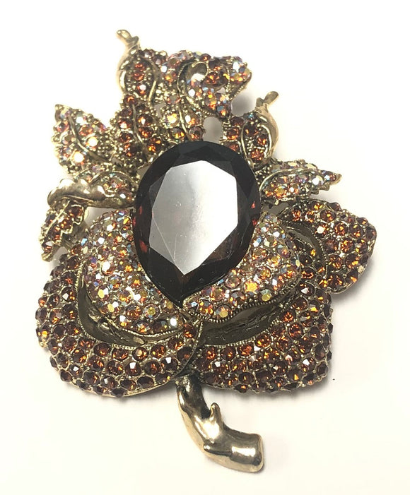 GOLD FLOWER BROOCH BROWN STONES ( 4471 7BR )