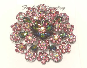 3.5" Large SILVER PINK VITRAIL OIL SPILL Flower Rhinestone Brooch Pin ( 06417 GRAB )