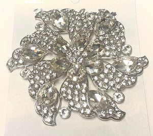 Large 4" SILVER CLEAR Rhinestone Pin Wheel Floral Brooch Pin ( 06474 SCL )